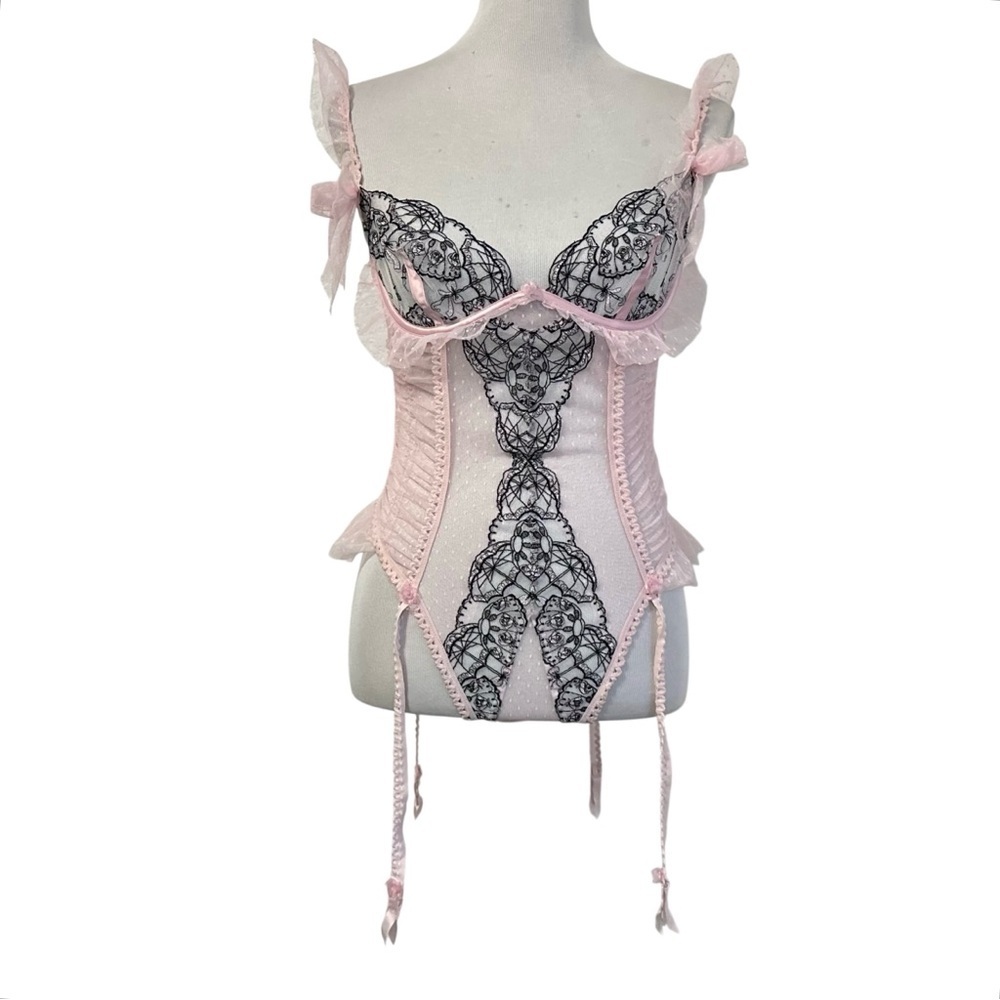 For Love & Lemons Womens Floral Lace Sheer Bodysuit Sz Medium Pink Black Thong